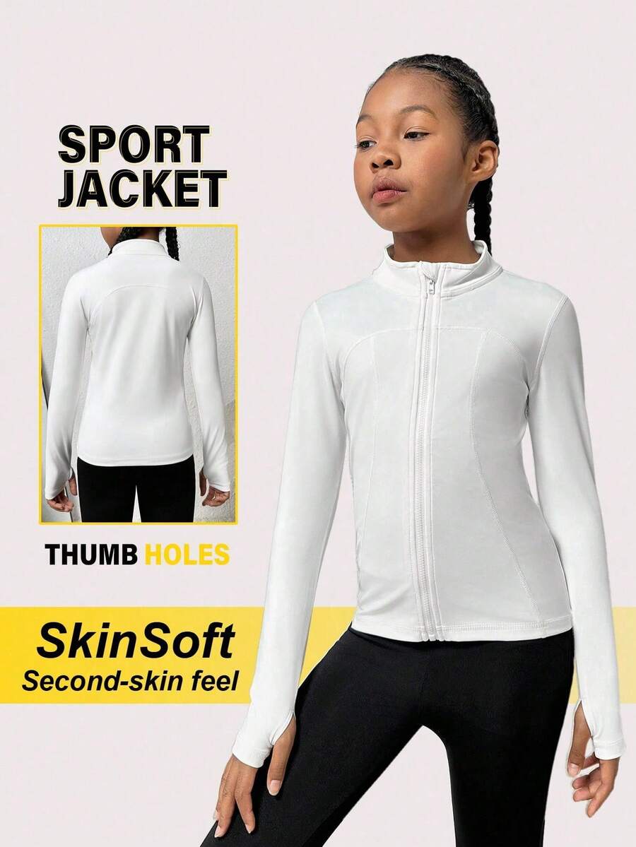 SHEIN Tween Girl Zip Up Thumb Holes Sports Jacket - White - View 1