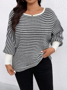 EMERY ROSE Plus Size Women Cocoon Sleeve Loose Pullover Sweater - Multicolor - View 3