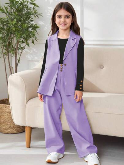 SHEIN 3件套青少年女孩无袖西装外套、T恤和裤子套装