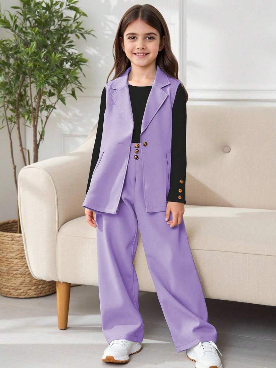 SHEIN 3件套青少年女孩无袖西装外套、T恤和裤子套装