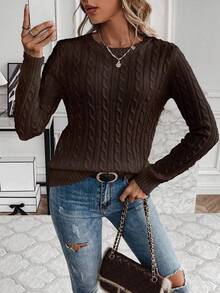 EMERY ROSE Women's Casual Twist Knit Crew Neck Long Sleeve Sweater - Coffee Brown - View 6