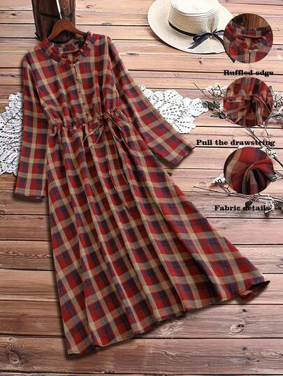 Linhara 大码女式红棕色格子束腰荷叶边领前纽扣复古休闲日常连衣裙，秋冬