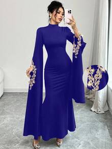 Selianne Đầm dài thanh lịch cổ vuông đính vải cho nữ - Xanh đậm - Xem 1