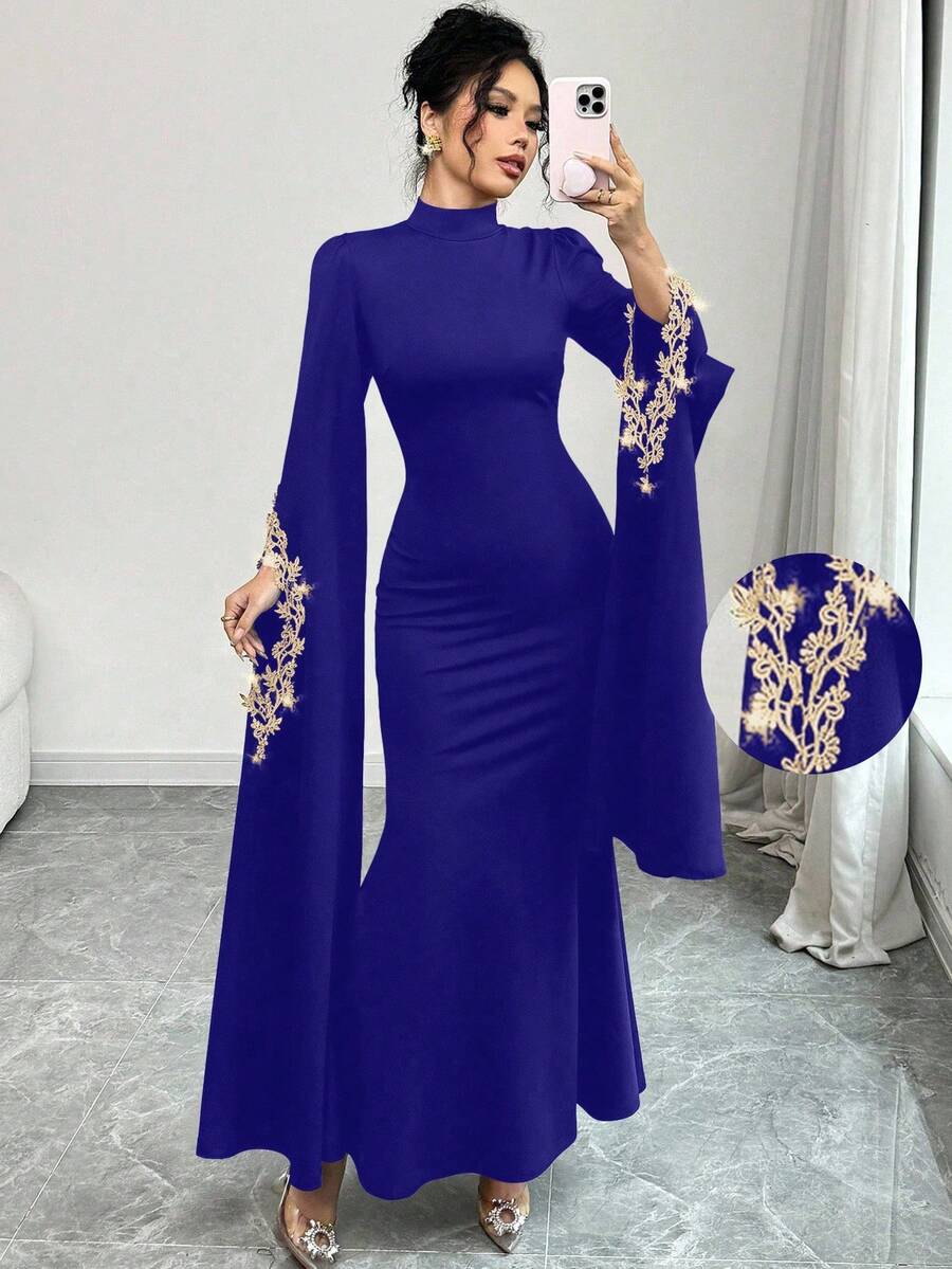 Selianne Đầm dài thanh lịch cổ vuông đính vải cho nữ - Xanh đậm - Xem 1