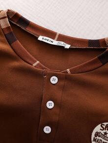 男士休闲格子领刺绣长袖上衣和裤子两件套家居服套装