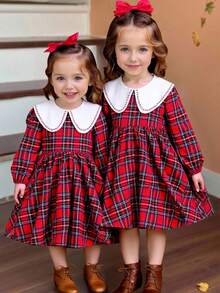 SHEIN 女婴编织格子彼得潘领刺绣休闲连衣裙 - 紅色 - 查看 1