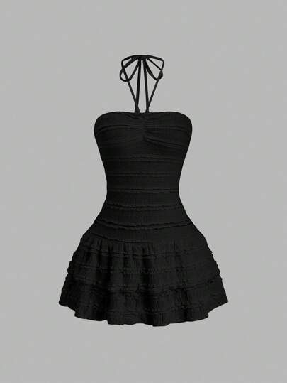 Sweetra 夏季性感纯色系带吊带腰喇叭迷你裙