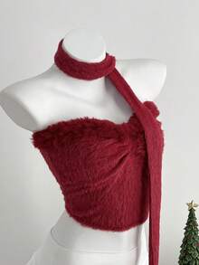 Elamini 1pc Women's Red Scarf Collar Fuzzy Patchwork Tube Top, Stylish Design For Party, Christmas, Valentine's Day