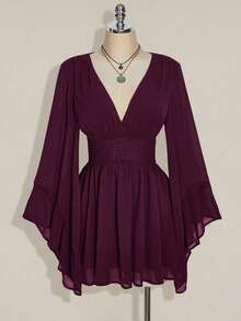 SHEIN ICON 女士纯色深褶皱收腰喇叭袖时尚迷你连衣裙 - 紫色 - 查看 5