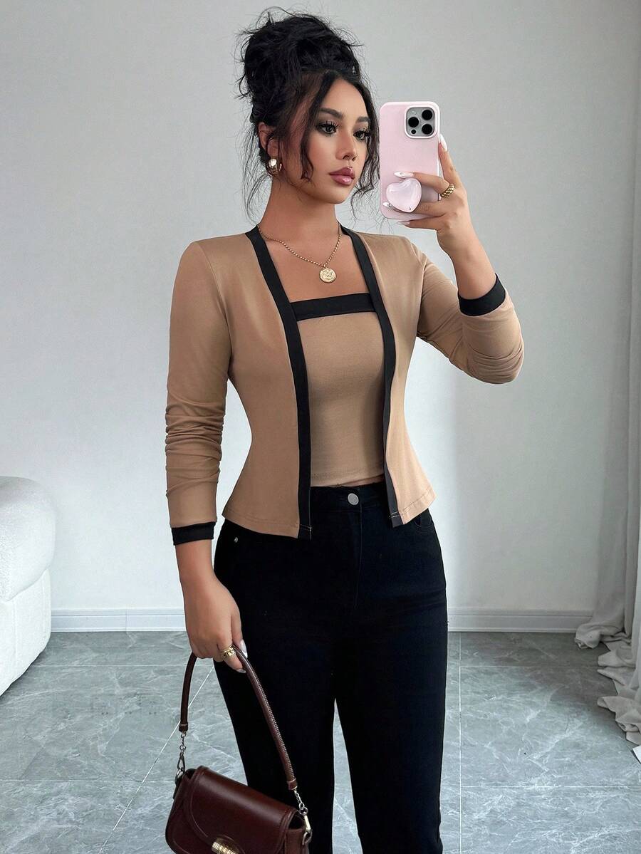 SHEIN PETITE 2件組女款優雅配色設計休閒開襟衫與背心套裝,適合嬌小女性 - 彩色 - 查看 1