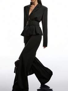 LYSMO 2025新款极简秋冬女式纯色腰带荷叶边下摆前扣长袖西装外套黑色女式西装套装女士职业装黑色套装女式裙装 - 黑色 - 查看 4