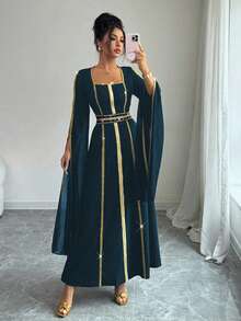 Rafferiza Gold Woven Belt Luxury Sequin Beaded Formal Dress Long Sleeve Split Dress - Iron Gray - View 6