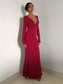 EgrlEra Vestido largo de malla con decoración metálica y escote en V sexy para mujer - Rojo - Ver 5