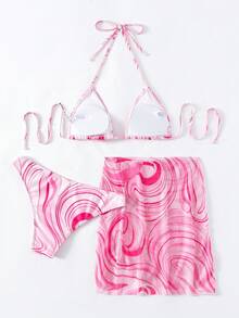 Swim Vcay Summer Beach 3packs Allover Print Halter Bikini & Cover Up - Pink - View 8