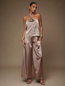 L'Amorae Satin Halter Top With Ornament Neck Trim Business Casual Office Airport Attire Spring Summer