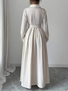 SHEIN Raffinéa 女士优雅法式长袖连衣裙，腰带装饰，A 字裙，及踝长度，杏色，适合上班 - 杏色 - 查看 2