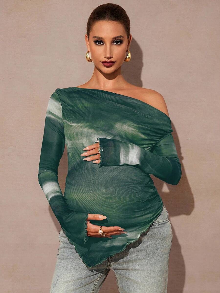 MaterniChic Tie-Dye Print Oblique Shoulder Long Sleeve Fitted Maternity T-Shirt Pregnant Clothes Maternity Tops Pregnancy Photoshoot Dress Green Maternity Dress Baby Shower - Green - View 1
