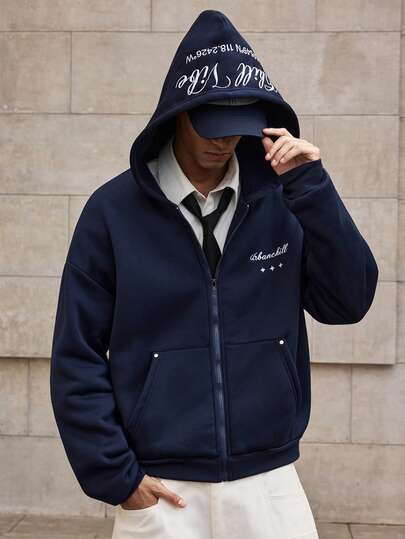 SWAVVY 男士休闲日常通勤时尚街头连帽衫，带字母和数字刺绣，前拉链，春秋季，秋冬