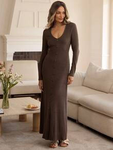 Louniche 女士休闲V领针织腰部修身直筒长袖连衣裙，百搭学院风，适合外出，秋冬季 - 棕色 - 查看 3