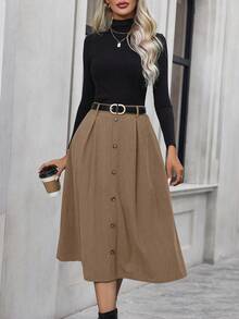 SHEIN LUNE Button Front Flare Skirt Without Belt - Mocha Brown - View 1