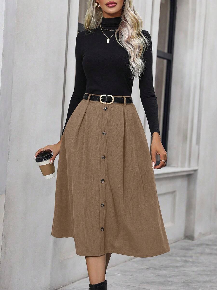 SHEIN LUNE Button Front Flare Skirt Without Belt - Mocha Brown - View 1