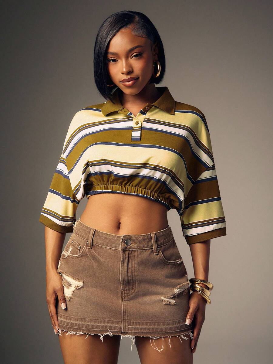 Cropped Cinched Waist Striped Polo Shirt - Olive Green - View 1