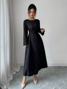 Rafferiza Women's Elegant Textured Pleated Shoulder Tie Waist Slim Fit Round Neck Long Sleeve Solid Color Black Dress, Casual Winter