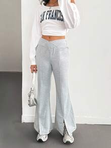 Teen Girl Casual Solid Color Drawstring Waist Flare Pants, Suitable For Graduation, Back To School, Autumn/Winter Fall - Light Grey - View 1