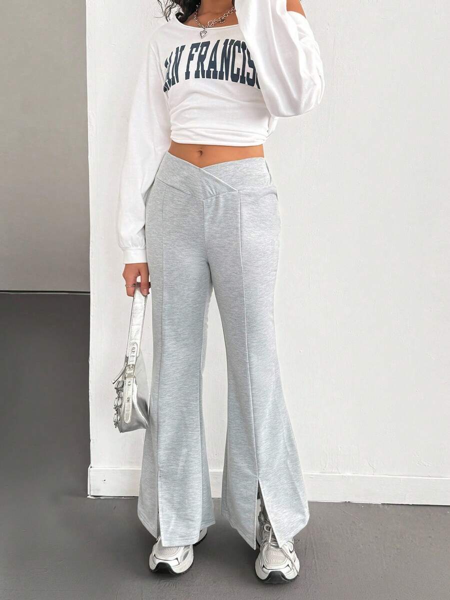 Teen Girl Casual Solid Color Drawstring Waist Flare Pants, Suitable For Graduation, Back To School, Autumn/Winter Fall - Light Grey - View 1