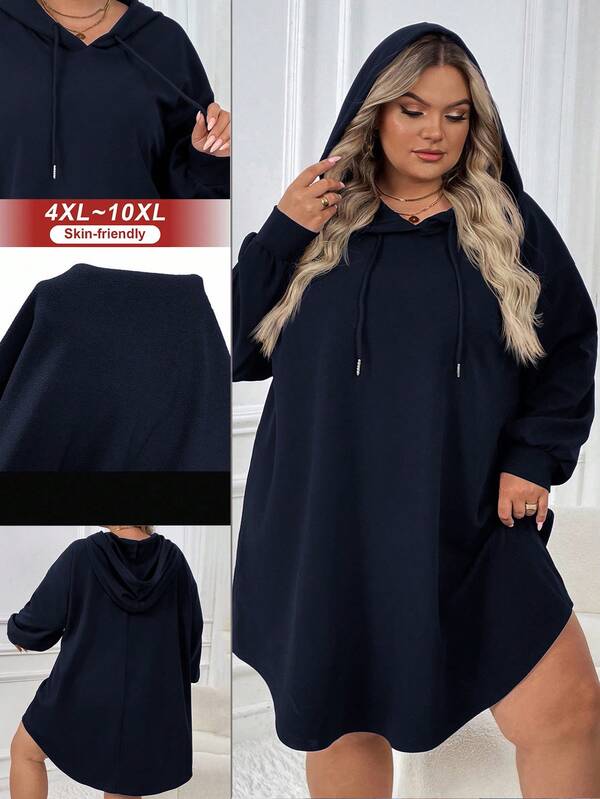 SHEIN CURVE+ Vestido de sudadera deportiva casual holgada con capucha y dobladillo curvo para mujer de talla grande, otoño/invierno