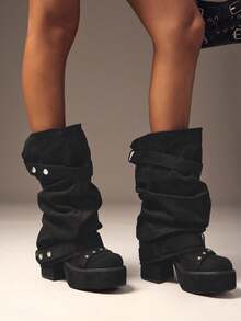 SHUZIA 女士时尚性感厚底中筒靴 - 黑色 - 查看 3