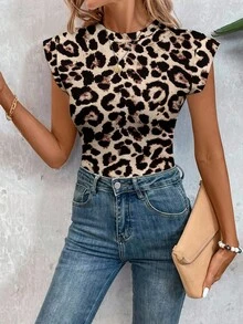 EMERY ROSE Plus Size Leopard Print Ruffle Trim Bodysuit, Suitable For Summer - Multicolor - View 5