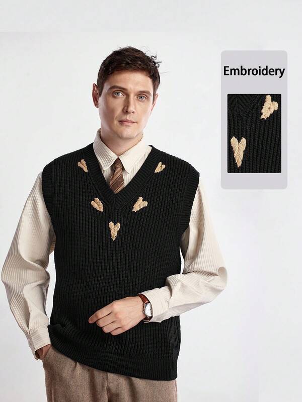 Manfinity CityGents Chaleco de punto acanalado con bordado de corazón con cuello en V de moda para hombre, para otoño e invierno