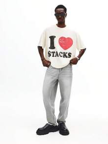 SUMWON I Love Stacks Classic Print Statement Cotton T-Shirt Boxy Fit Oversized Retro Graphic Love Heart Tee Urban Casual Streetwear