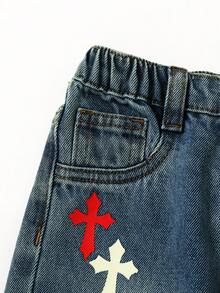 SHEIN Toddler Boys' Red & White Cross Pattern Blue Denim Loose Straight Leg Pants - Dark Wash - View 6