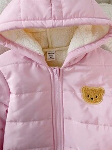 SHEIN Genkimix Kids Young Girls Cotton Padded Jacket, Vintage Pink, Thick Winter Streetwear, Stand Collar, Front Zipper Closure, Embroidered Letter Decor, Warm, Suitable For Autumn/Winter, Commuting, Back To School Season Toddler Girl Jacket Girls Winter Jacket Children Cotton Jacket Girls Jacket With Hood Girls Cartoon Jackets - Pink - View 6