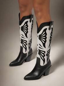 SHUZIA 女式迷人尖头粗跟蝴蝶刺绣中筒西部牛仔靴 - 黑色 - 查看 6