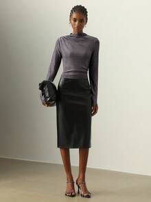 Vesra 女式优雅褶饰修身长袖T恤，秋季 - 黑色 - 查看 6