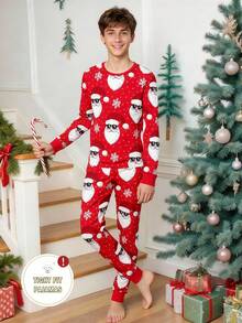 2 件圣诞印花休闲长袖上衣和裤子套装，青少年男童睡衣 - 彩色 - 查看 3