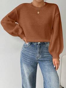 SHEIN LUNE Loose Round-Neck Lantern Sleeveharmony Drop Shoulderknitted Sweater - Redwood - View 4