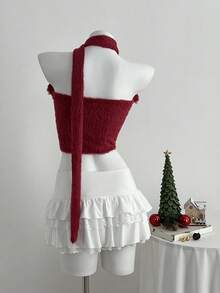 Elamini 1pc Women's Red Scarf Collar Fuzzy Patchwork Tube Top, Stylish Design For Party, Christmas, Valentine's Day