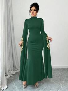 Selianne Women's Stand Collar Extra Long Sleeve Applique Decor Fitted Mermaid Hem Elegant Dress, Suitable For Party - Dunkelgrün - Übersicht 5