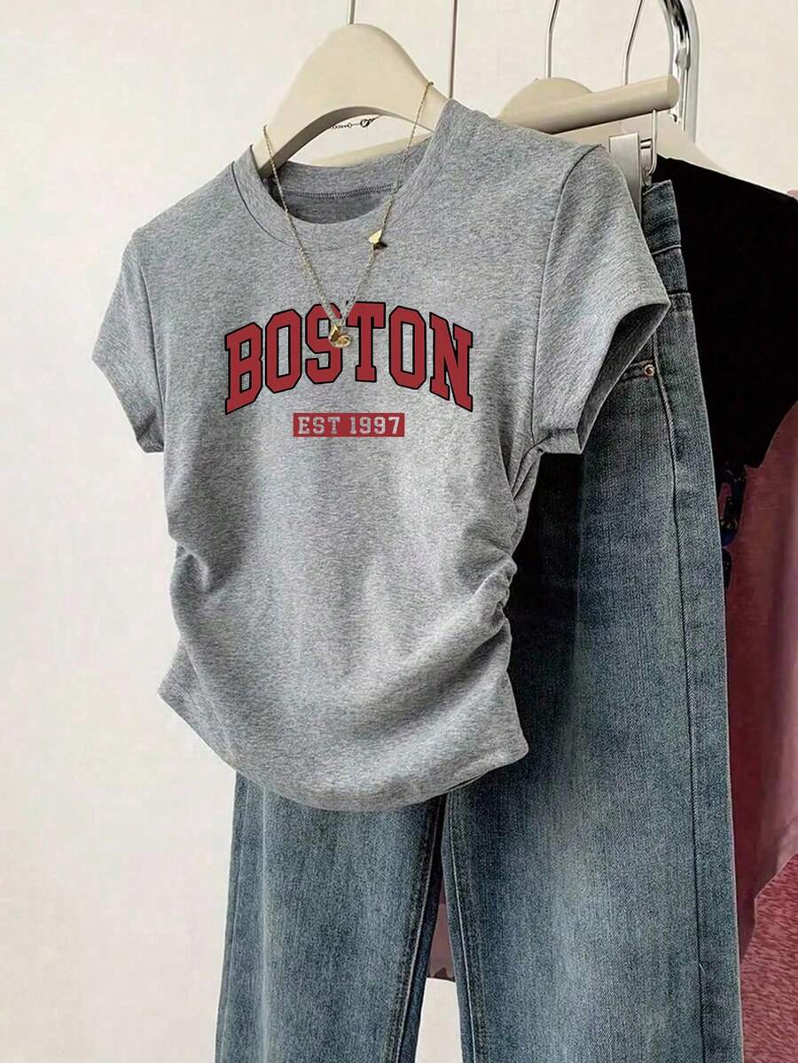 INAWLY Women's Casual Fitted Ruched Waist Letter Print Short Sleeve T-Shirt, Versatile Going Out Top, Suitable For Summer, Christmas - Grey - View 1