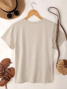 Camiseta casual de manga corta y cuello redondo para mujer   con estampado de líneas faciales para primavera y verano. - Desnudo - Ver 2