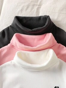 SHEIN 3pcs Tween Girls' Solid Black White Pink Embroidered Casual Turndown Collar Long Sleeve Tops Set,Basic School Back-To-School Autumn Clothes 3 Packs - Multicolor - View 3