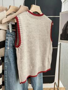Franclia Casual Loose Crew Neck Sleeveless Knit Contrast Trim Khaki Sweater Top For Women, Spring/Autumn - Red - View 2
