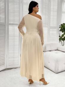 SHEIN Clasi Đầm dài tay lệch vai thanh lịch cỡ lớn, đầu thu - Màu be - Xem 2