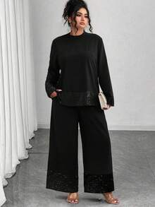 Elenzga Plus Size Elegant Beaded Black 2 Pieces Set Fall - Black - View 1