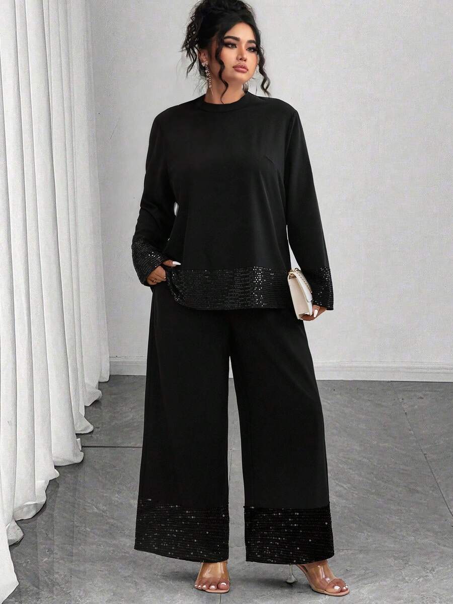 Elenzga Plus Size Elegant Beaded Black 2 Pieces Set Fall - Black - View 1
