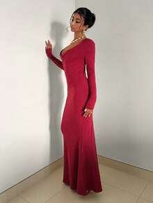 EgrlEra Vestido largo de malla con decoración metálica y escote en V sexy para mujer - Rojo - Ver 6